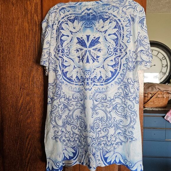 Style & Co Blue White Patterned Top XL Sparkle Embellished Boho Chic Vacation - Picture 2 of 9
